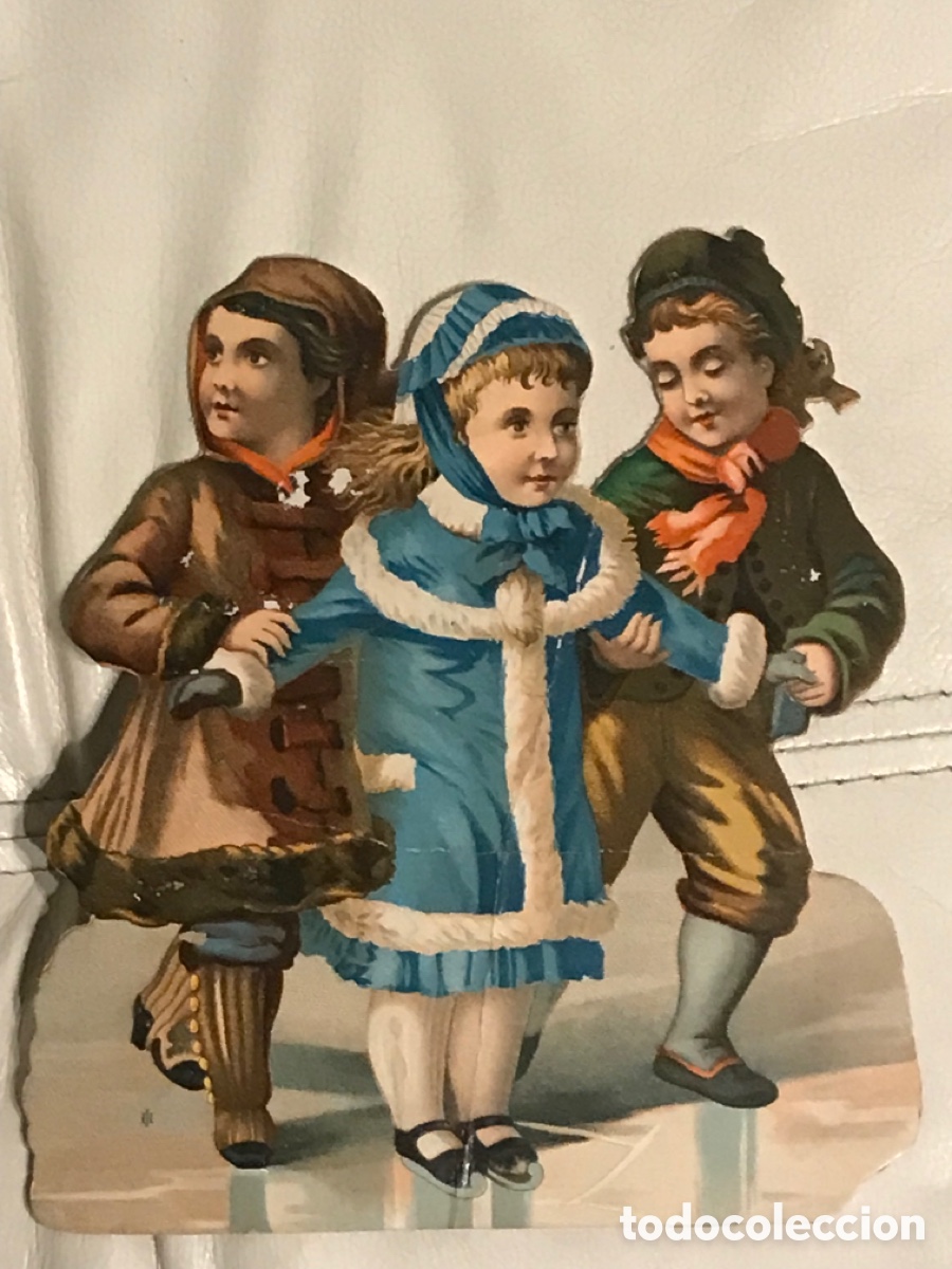 Collectable Antique Stamped Cards: Gran cromo troquelado ni&ntilde;os en invierno. Fines del a XIX. Usa