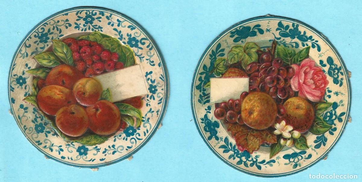 Collectable Antique Stamped Cards: LOTE DE 2 CROMOS TROQUELADOS. PLATOS CON FRUTAS Y FLORES
