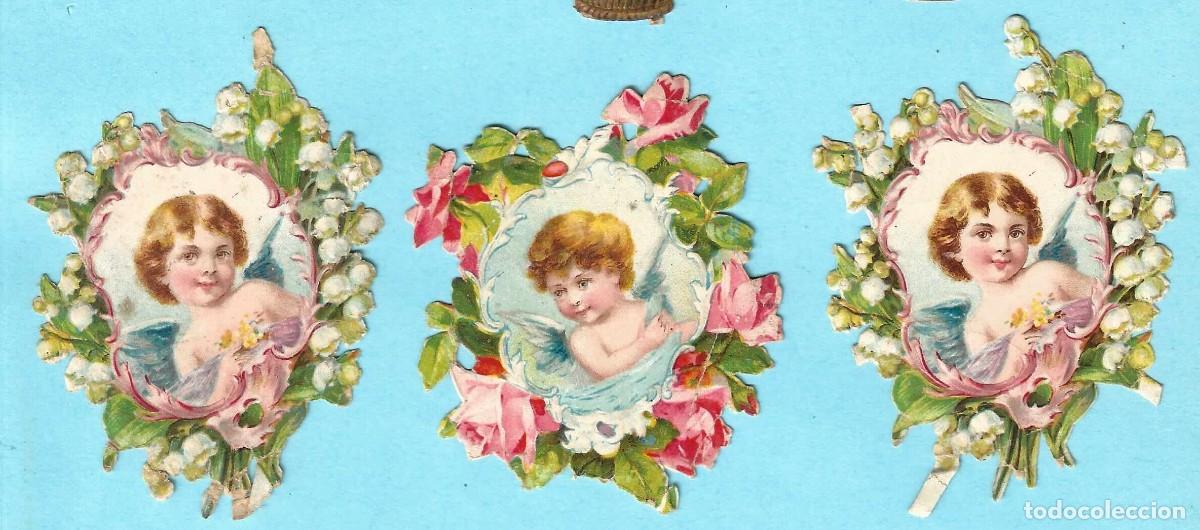 Collectable Antique Stamped Cards: LOTE DE 3 CROMOS TROQUELADOS. ANGELITOS CON ORLAS DE FLORES. CHOCOLATE JUNCOSA