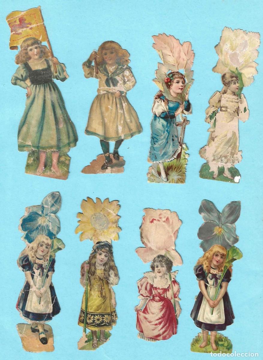 Collectable Antique Stamped Cards: LOTE DE 8 CROMOS TROQUELADOS. NI&Ntilde;AS PORTANDO ESTANDARTES, HOJAS O FLORES. CHOCOLATE AMATLLER