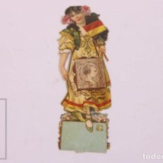 Coleccionismo Cromos troquelados antiguos: CROMO DE PICAR TROQUELADO NIÑA CON BANDERA Y SELLO DE ESPAÑA - CONFITERIA BARTOLOME TUR PALAMÓS