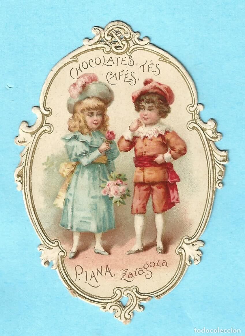 Coleccionismo Cromos troquelados antiguos: NI&Ntilde;OS ELEGANTES CON FLORES. CHOCOLATES, TES, CAF&Eacute;S PLANA ZARAGOZA. CROMO TROQUELADO. S. XIX
