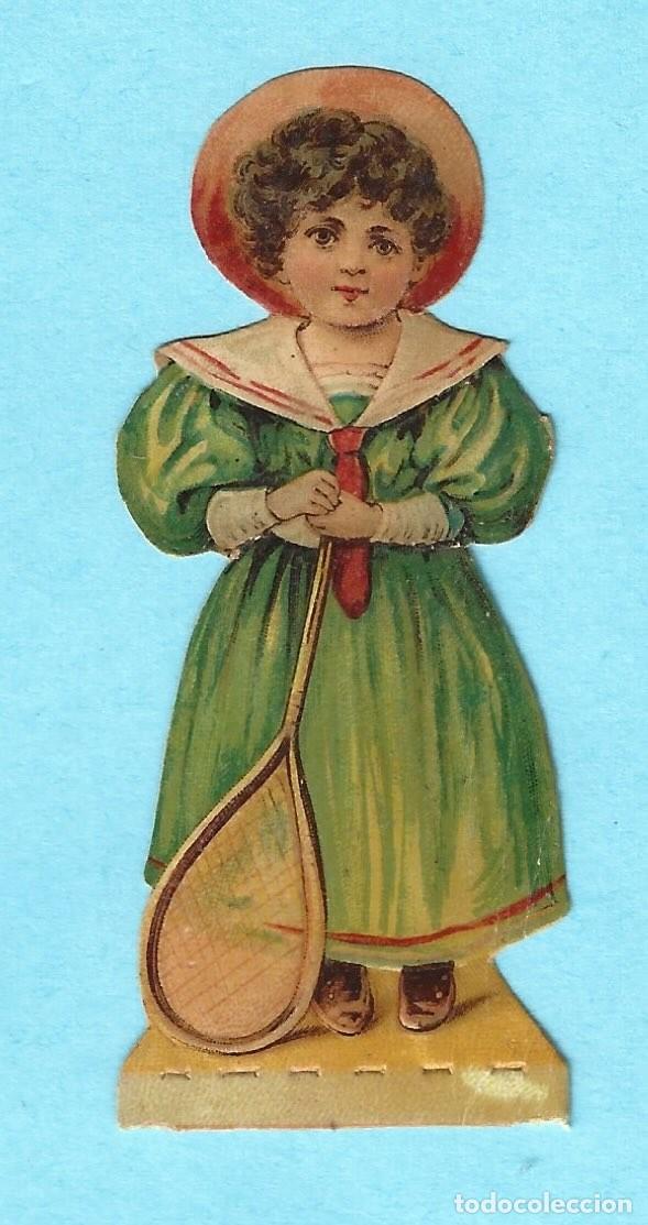 Coleccionismo Cromos troquelados antiguos: NI&Ntilde;A CON RAQUETA DE TENIS. CROMO TROQUELADO. S. XIX