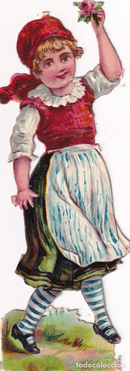 Collectable Antique Stamped Cards: Cromo troquelado con relieve, ni&ntilde;a con flor. Sin publicidad en el reverso. 12 cm