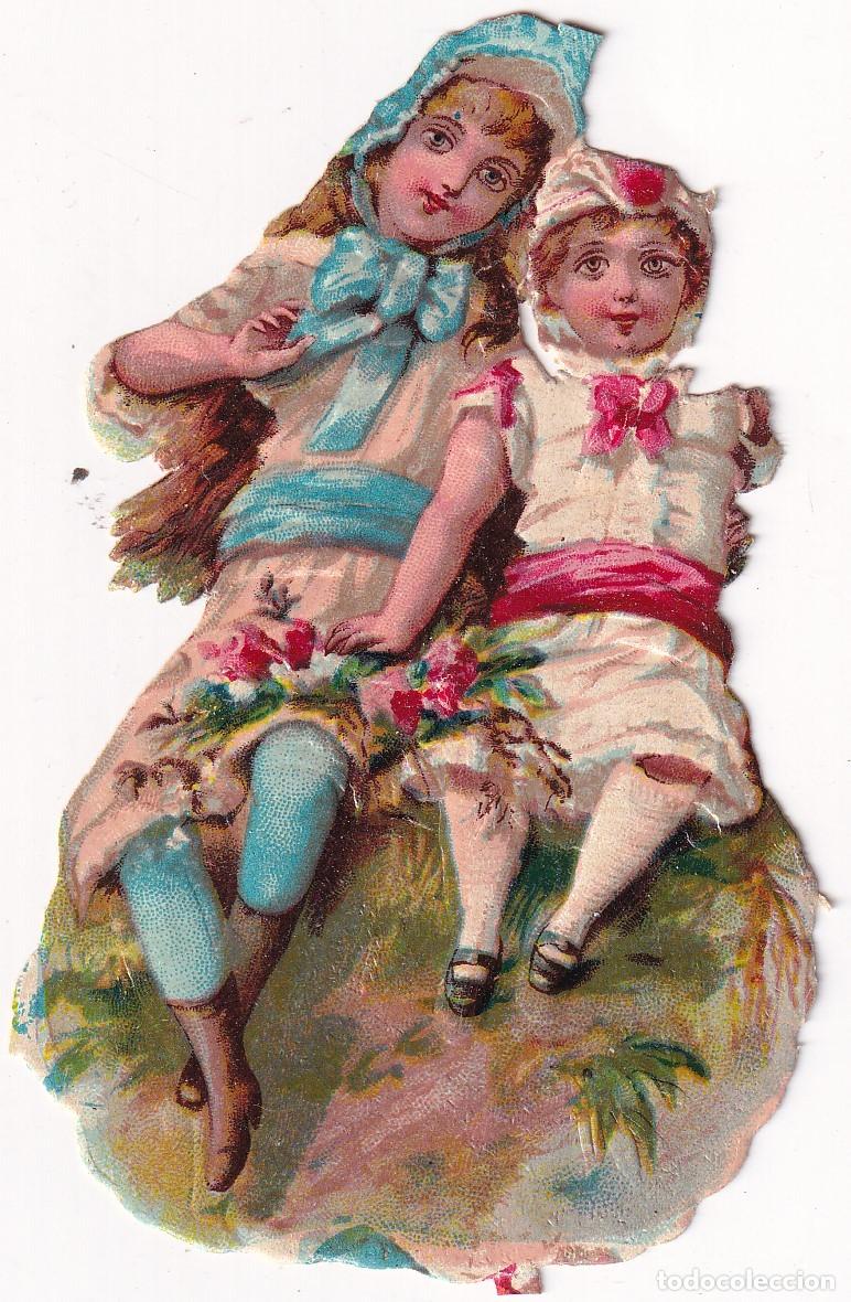 Collectable Antique Stamped Cards: Cromo troquelado con relieve, Ni&ntilde;as con flors . Sin publicidad en el reverso. 10 x 6 cm