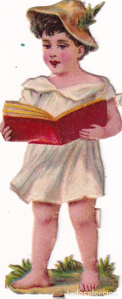 Collectable Antique Stamped Cards: Cromo troquelado con relieve, Ni&ntilde;o leyendo . Sin publicidad en el reverso. 8 x 3 cm