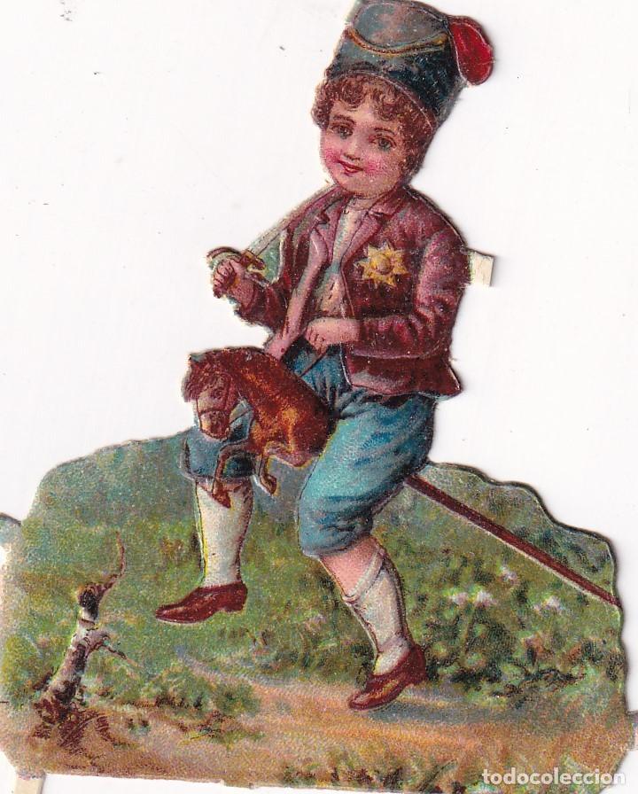 Collectable Antique Stamped Cards: Cromo troquelado con relieve, ni&ntilde;o con caballo de juguete . Sin publicidad en el reverso. 8 x 6 cm