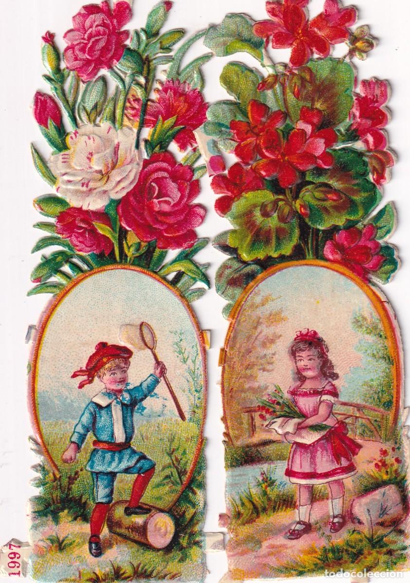 Collectable Antique Stamped Cards: Cromo troquelados con relieve, ni&ntilde;os con flores . Sin publicidad en el reverso. 12 cm