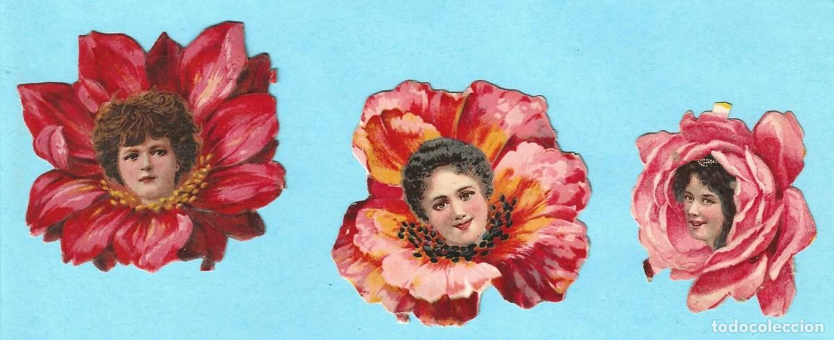 Collectable Antique Stamped Cards: LOTE DE 3 CROMOS TROQUELADOS. MUJERES Y FLORES. CHOCOLATE JUNCOSA, BARCELONA
