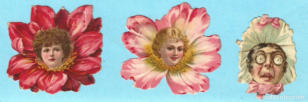 Collectable Antique Stamped Cards: LOTE DE 3 CROMOS TROQUELADOS: MUJERES FLOR Y CARICATURA. CHOCOLATE AMATLLER, BARCELONA