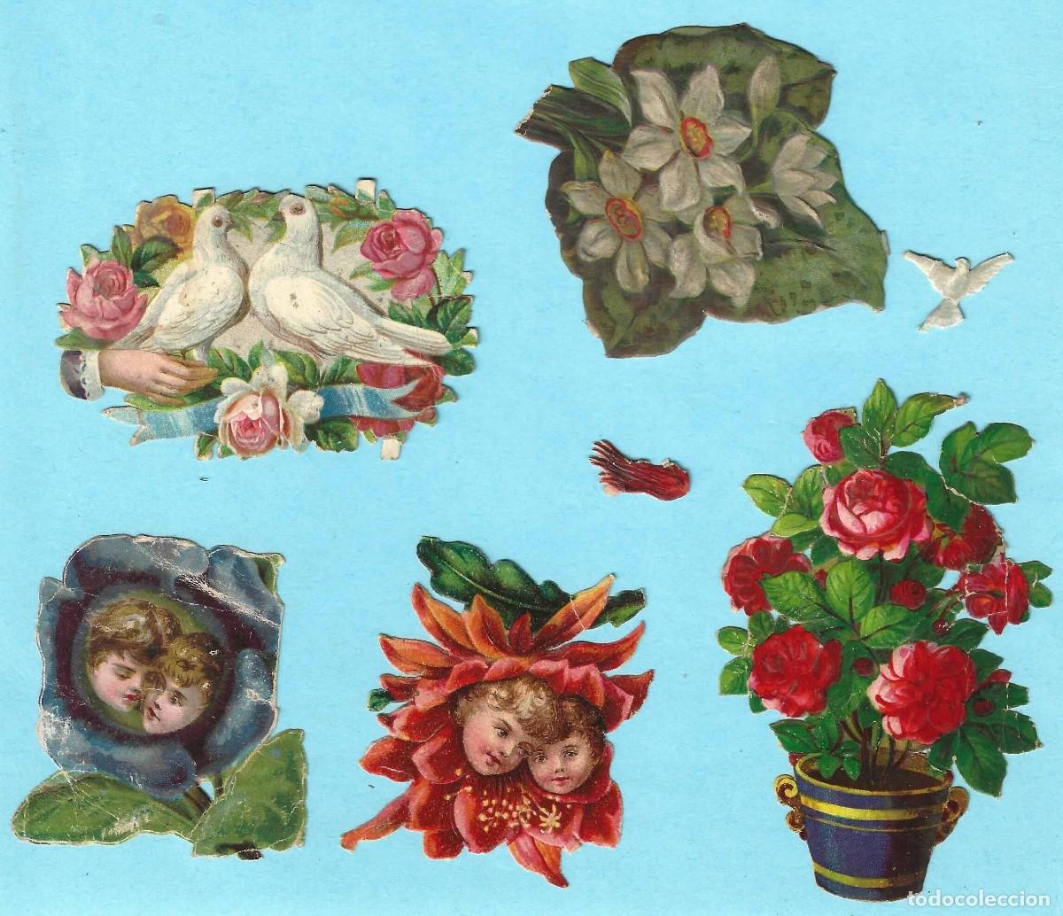 Collectable Antique Stamped Cards: LOTE DE 5 CROMOS TROQUELADOS: FLORES, NI&Ntilde;AS Y P&Agrave;JAROS. SIN MARCA