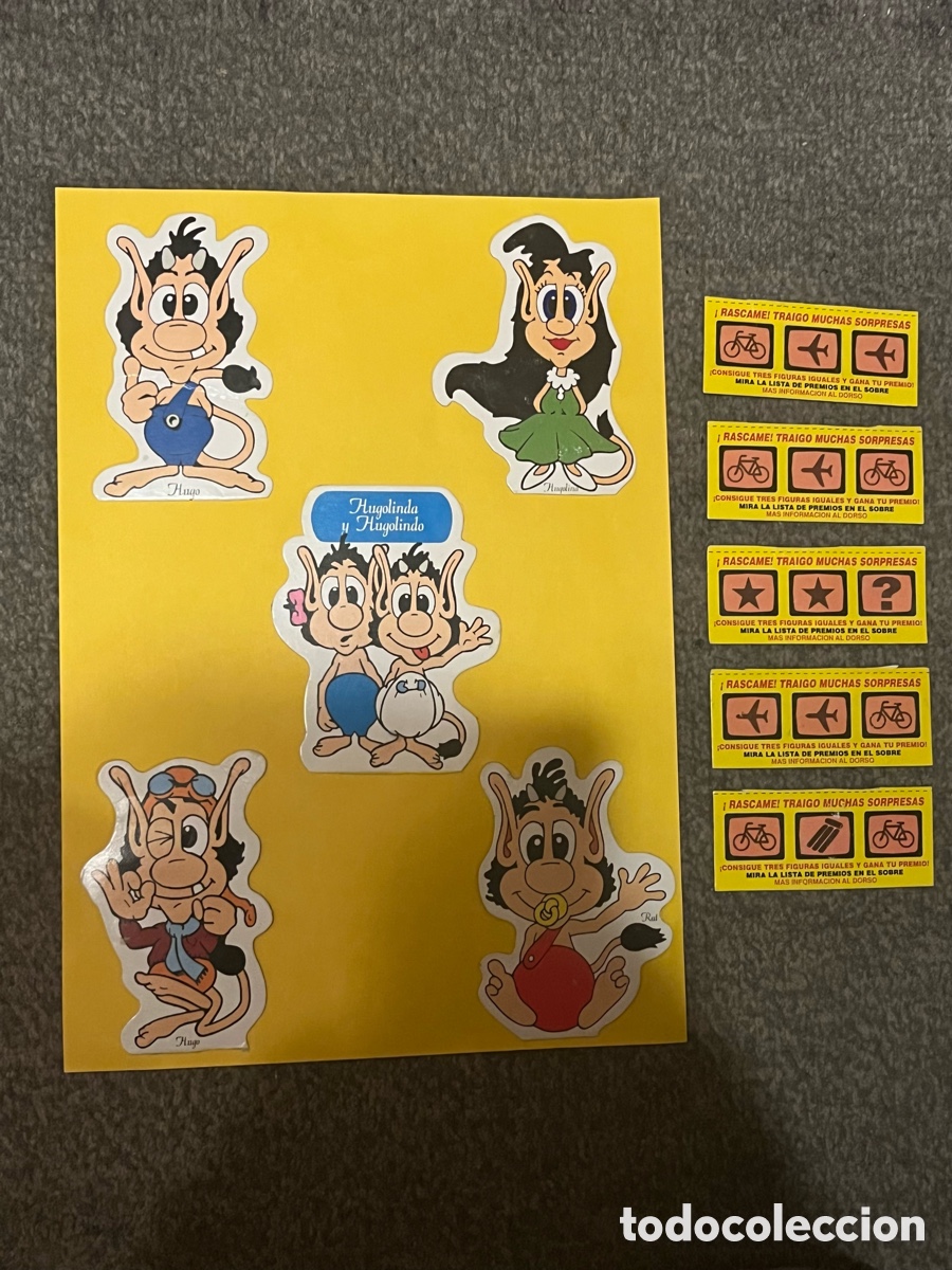 Collezionismo Figurine ritagliate antiche: 5x HUGO del Videojuego del TELECUPON + sus rascas. Hugo, Hugolina, Hugolinda y Hugolindo, Hugo y Rai