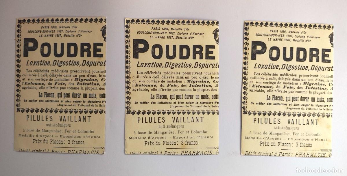 Coleccionismo Cromos troquelados antiguos: Lote 3 cromos publicitarios franceses siglo XIX &ndash; cromolitograf&iacute;a farmacia Pilules Vaillant