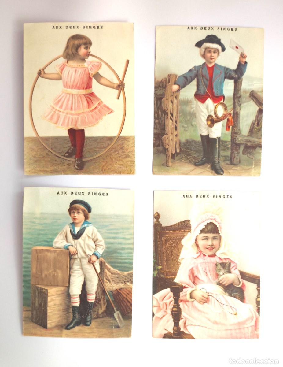 Coleccionismo Cromos troquelados antiguos: Lote 4 cromos franceses &ldquo;Aux Deux Singes&rdquo; siglo XIX ni&ntilde;os cromolitograf&iacute;a