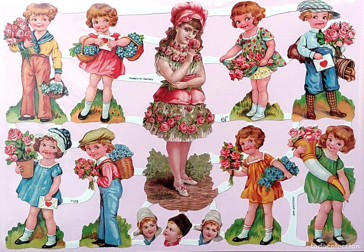 Coleccionismo Cromos troquelados antiguos: ANTIGUA LAMINA TROQUELADA ( NI&Ntilde;OS Y NI&Ntilde;AS Y FLORES ) de E.F. 1960 ALEMANIA.