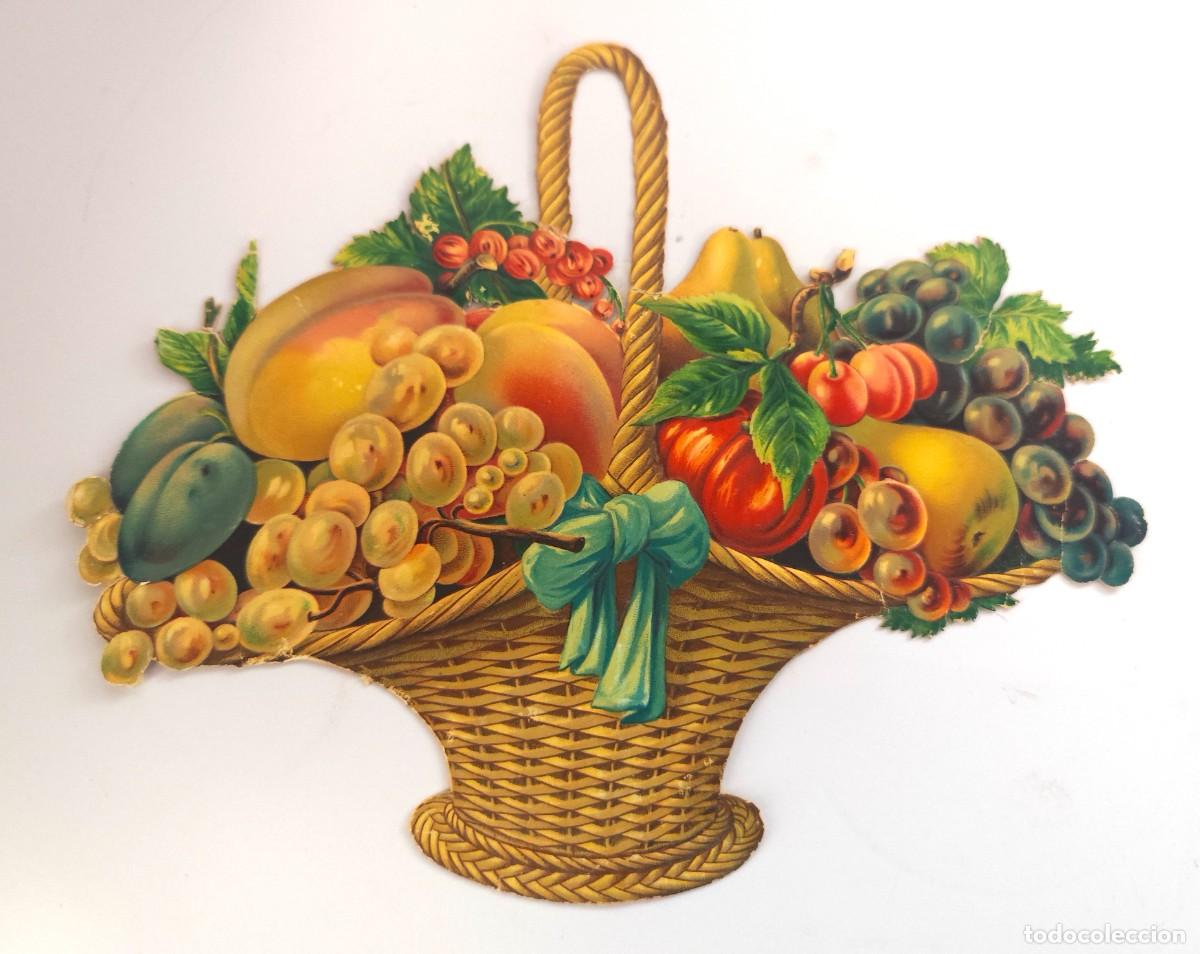 Coleccionismo Cromos troquelados antiguos: Cromo troquelado antiguo relieve cesta de frutas c.1880 gran tama&ntilde;o cromolitograf&iacute;a