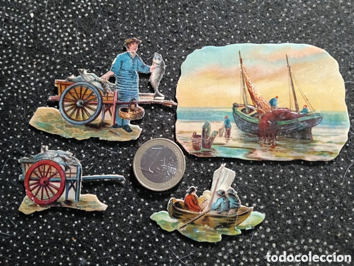 Coleccionismo Cromos troquelados antiguos: Cuatro cromos troquelados sobre la pesca