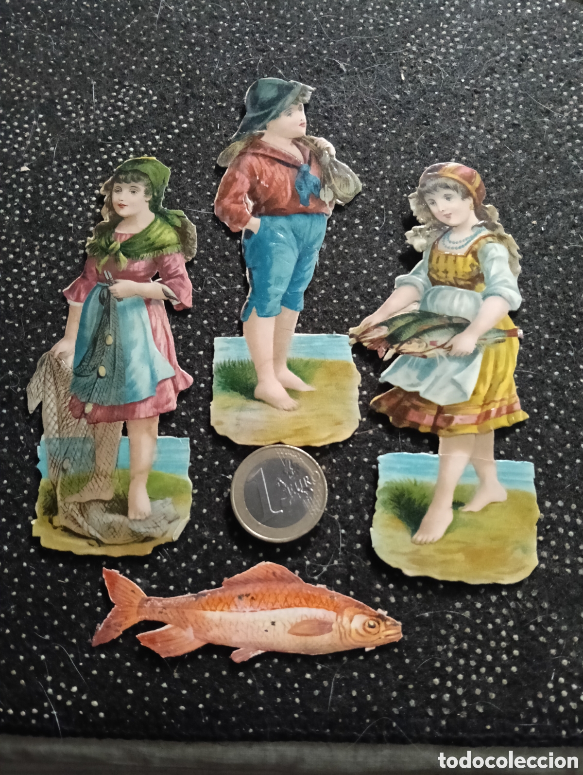 Coleccionismo Cromos troquelados antiguos: Cuatro cromos troquelados sobre la pesca