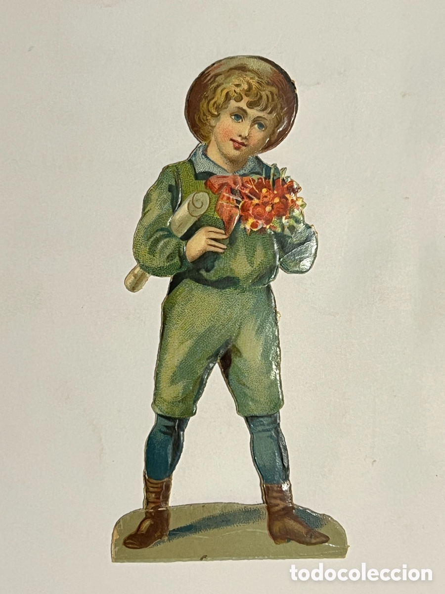 Coleccionismo Cromos troquelados antiguos: CROMO TROQUELADO.. Joven con flores. Publicidad Tomas Vendrell. SANS, Barcelona.. (h.1900?)