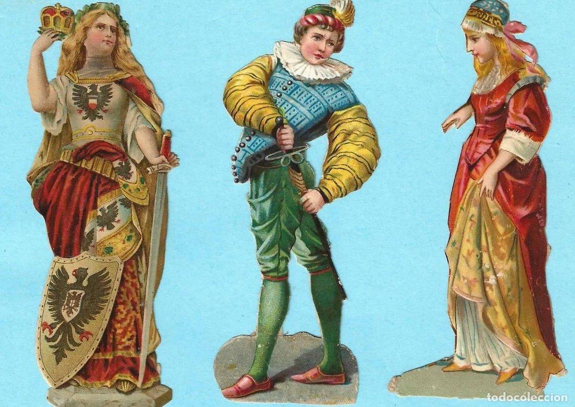 Colecionismo Cromos recortados antigos: LOTE DE 3 CROMOS TROQUELADOS: REINA Y HOMBRE Y MUJER MEDIEVALES O RENACENTISTAS