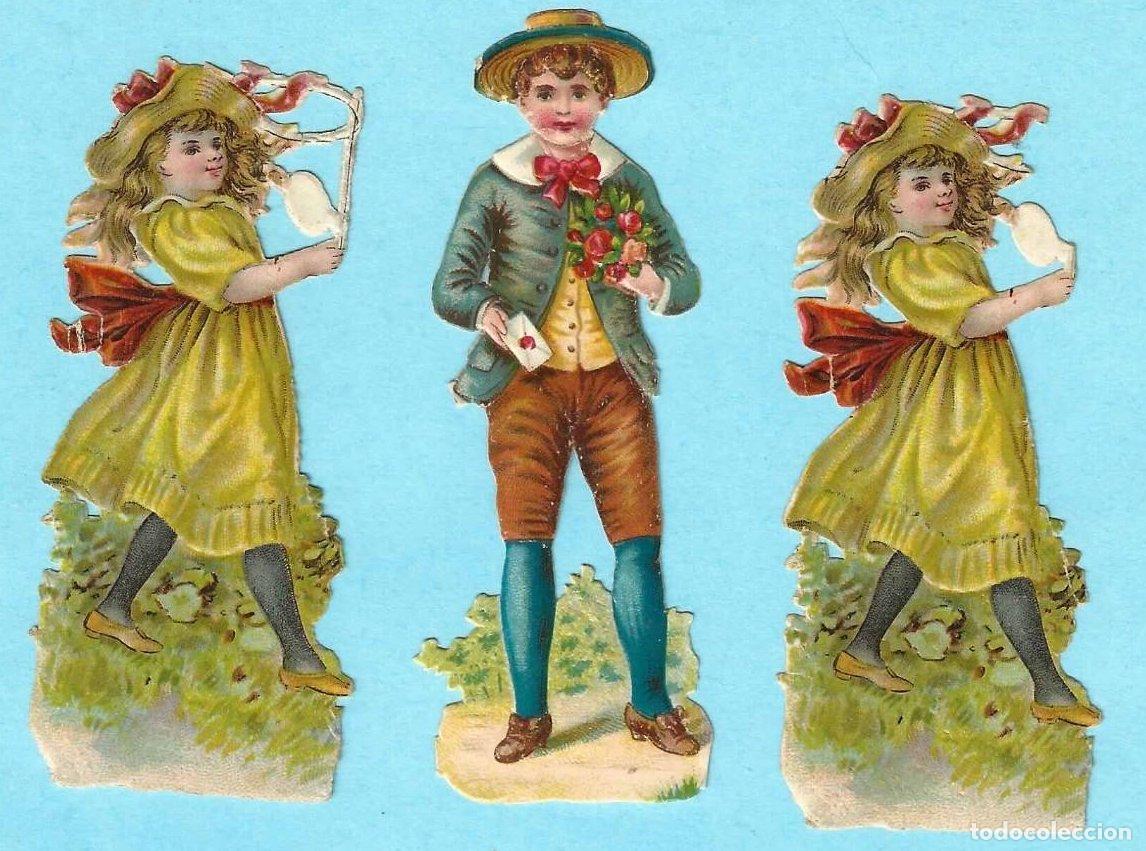 Collezionismo Figurine ritagliate antiche: LOTE DE 3 CROMOS TROQUELADOS (2 IGUALES): NI&Ntilde;O CON CARTA Y NI&Ntilde;A CON ARO