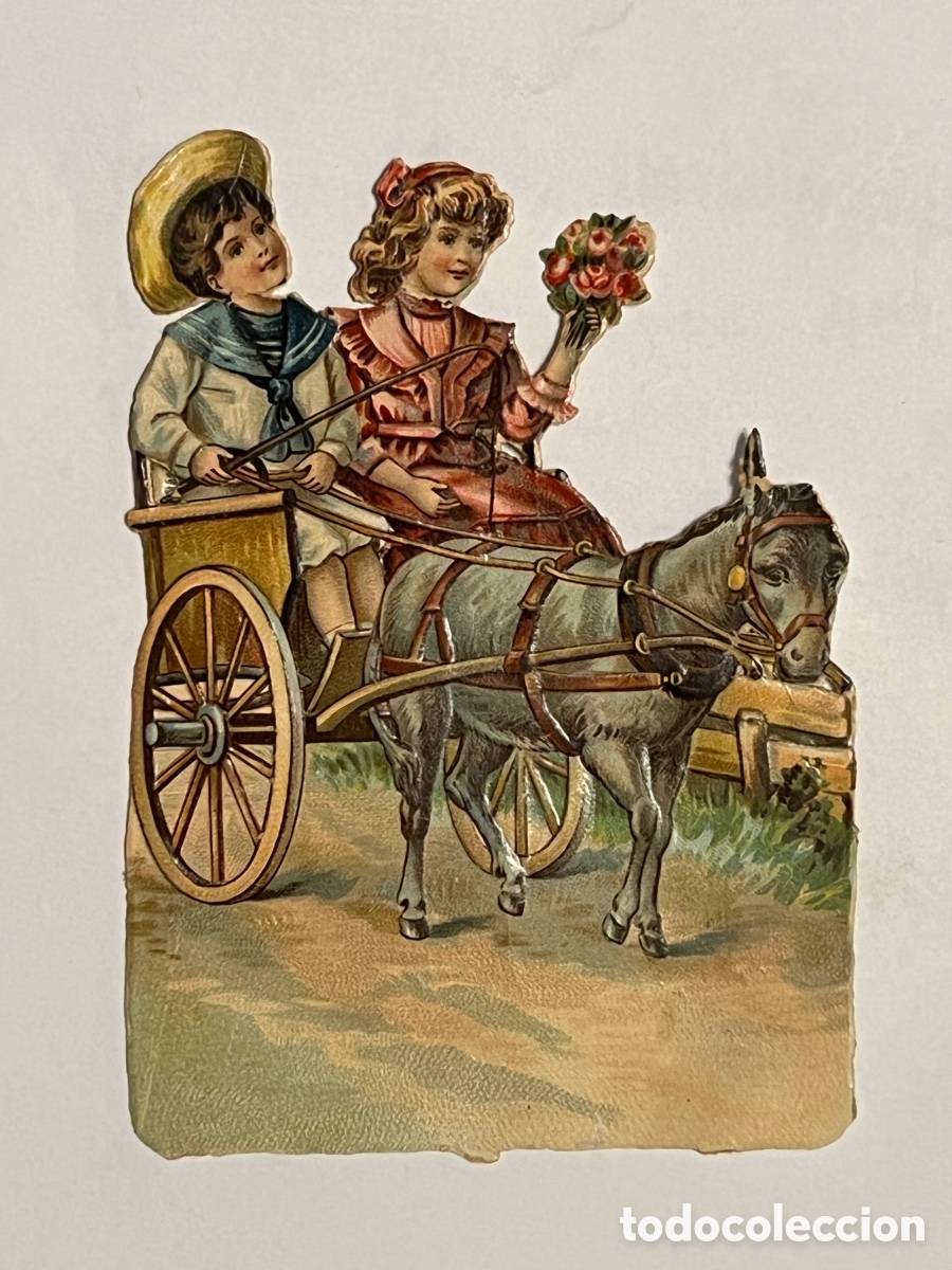 Coleccionismo Cromos troquelados antiguos: CROMO ANTIGUO TROQUELADO ROM&Aacute;NTICO. Paseo en Carro.. (h.1900?) Med&iacute;das: 12 x 8,5 cm