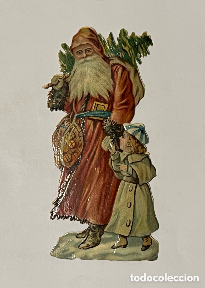 Coleccionismo Cromos troquelados antiguos: Cromo troquelado antiguo de estilo victoriano Pap&aacute; Noel con un ni&ntilde;o. (Fin Siglo XIX) Med&iacute;das: 14 x 6