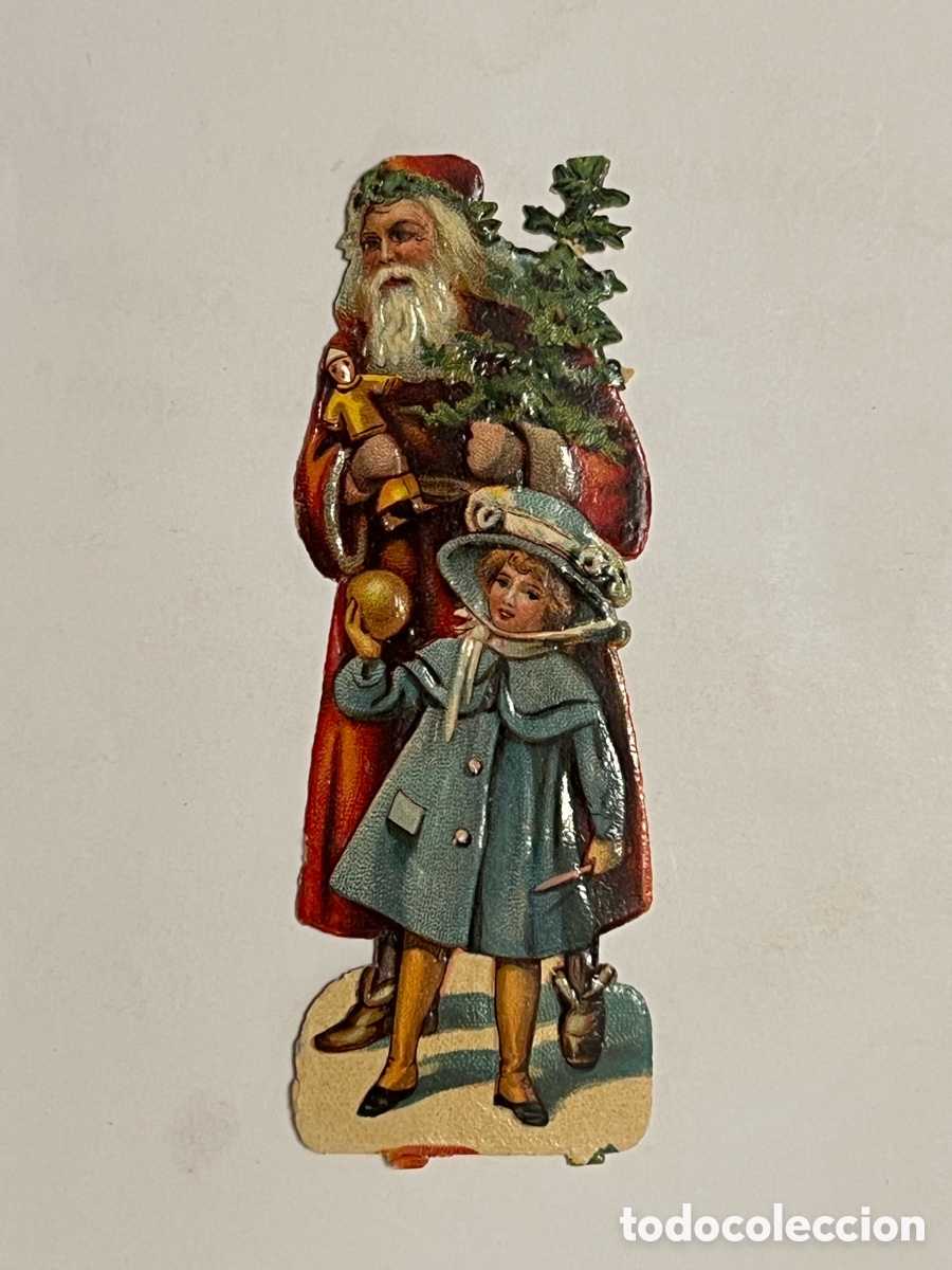 Collectable Antique Stamped Cards: Cromo troquelado antiguo de estilo victoriano Pap&aacute; Noel con un ni&ntilde;o. (Fin Siglo XIX)