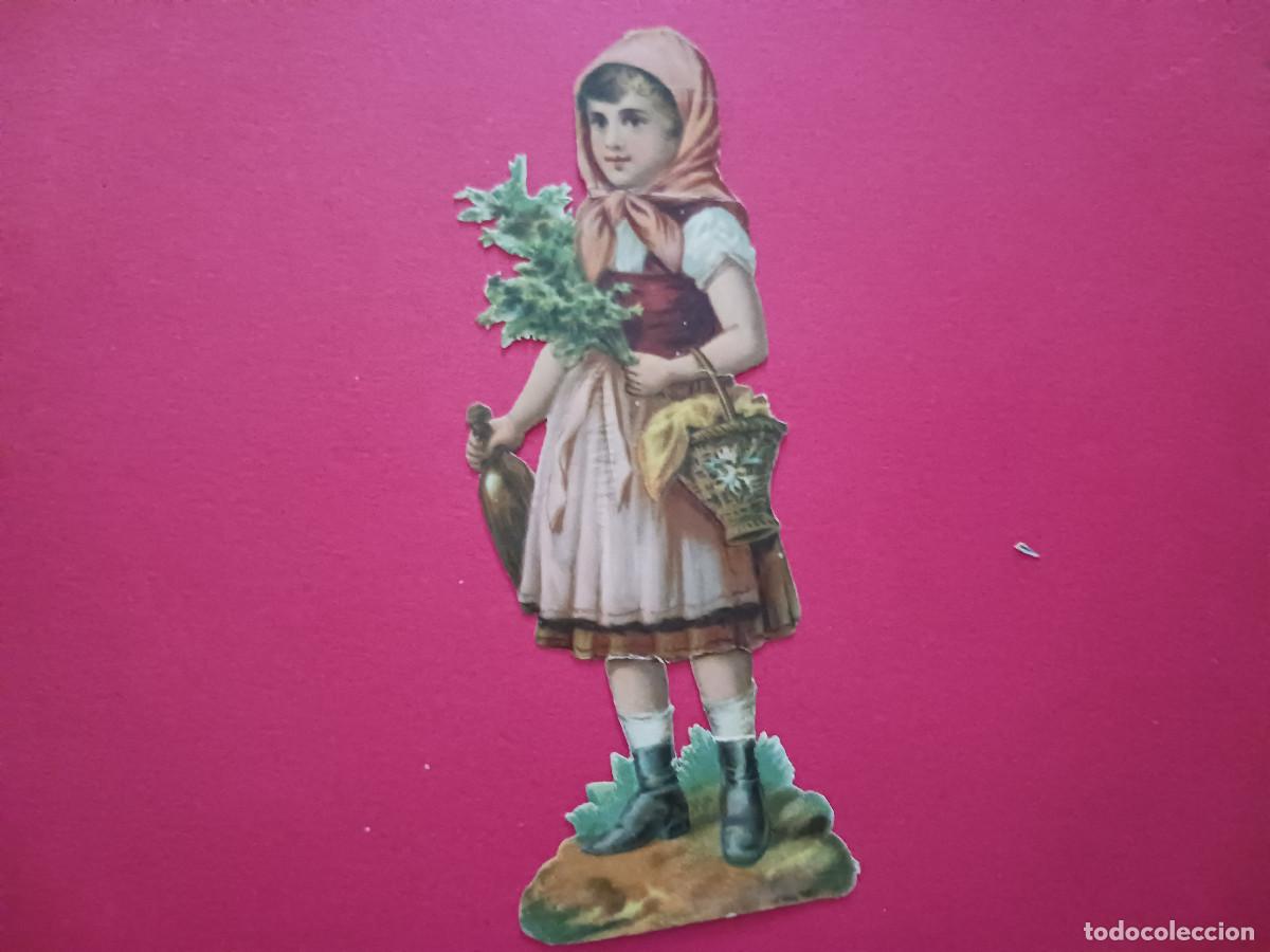 Coleccionismo cromos troquelados antiguos: cromo troquelado, campesina con canasta y botella, chocolate amatller, 16 cms