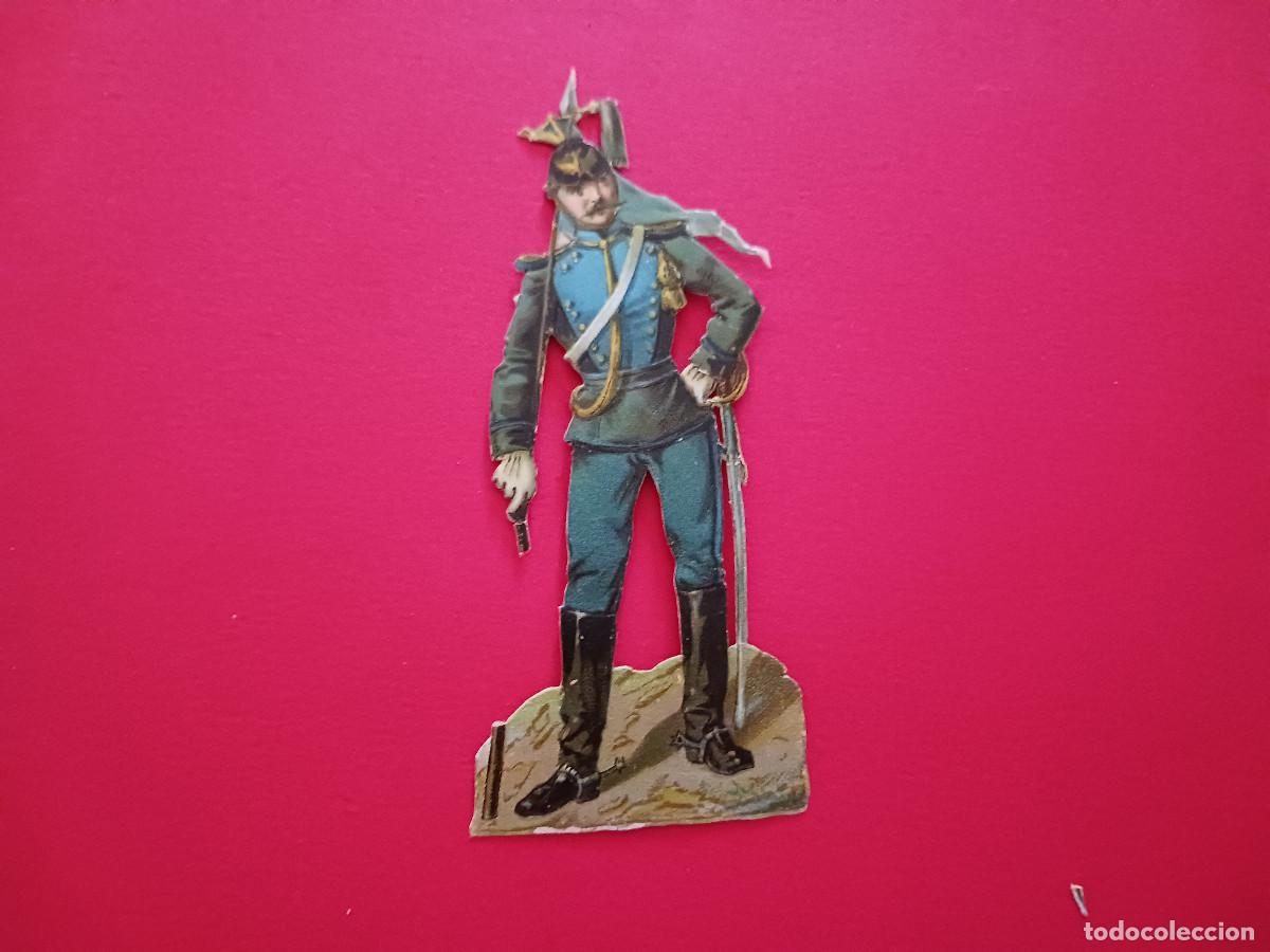 Collectable Antique Stamped Cards: cromo troquelado, soldado con uniforme azul y verde, chocolates amatller