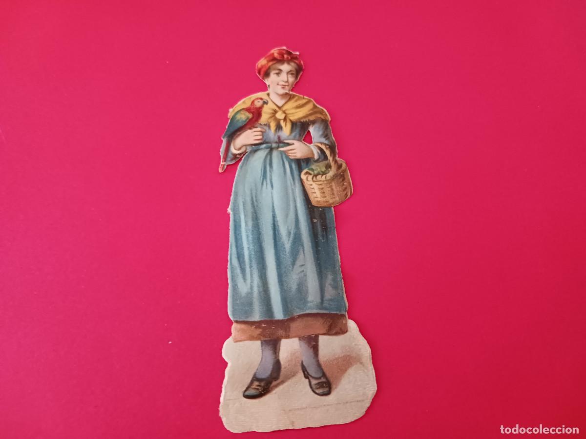 Coleccionismo cromos troquelados antiguos: cromo troquelado, se&ntilde;ora con cesto y loro, sin nombre comercial