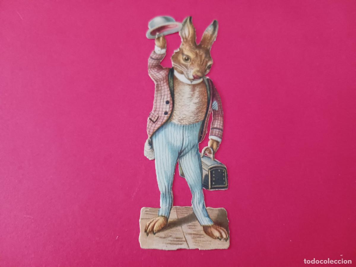 Coleccionismo cromos troquelados antiguos: cromo troquelado, conejo customizado con maletin y sombrero, sin nombre comercial