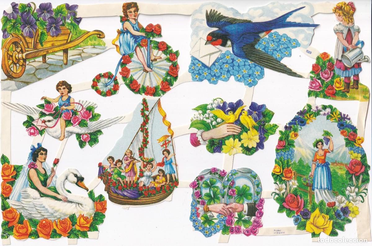 Coleccionismo cromos troquelados antiguos: HOJA CON CROMOS ANTIGUOS DE PICAR TROQUELADOS DE PERSONAS Y FLORES (MADE IN ENGLAND)