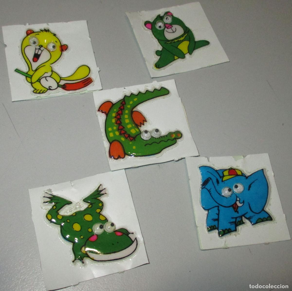 Coleccionismo cromos troquelados antiguos: Lote 5 antiguas pegatinas acolchadas con ojos m&oacute;viles, a&ntilde;os 80