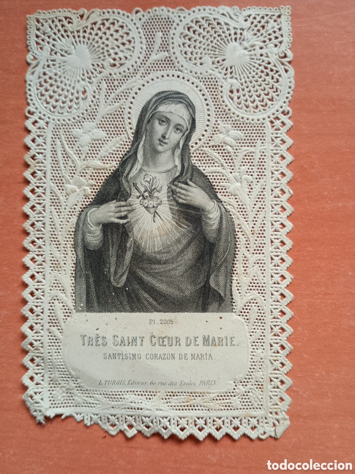 Coleccionismo cromos troquelados antiguos: Sant&iacute;simo Coraz&oacute;n de Mar&iacute;a, estampita troquelada, calada con puntilla