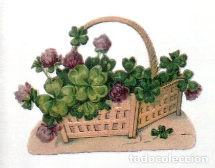 Coleccionismo cromos troquelados antiguos: ANTIGUO CROMO TROQUELADO, CON RELIEVE - CESTA TREBOLES Y FLORES. ORIGINAL. 4,8 X 6,5 CM.
