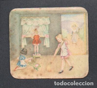 Coleccionismo cromos troquelados antiguos: ANTIGUO CROMO ORIGINAL TROQUELADO, RELIGIOSO INFANTIL. NI&Ntilde;O JESUS Y NI&Ntilde;AS HACIENDO FAENAS DOMESTICAS
