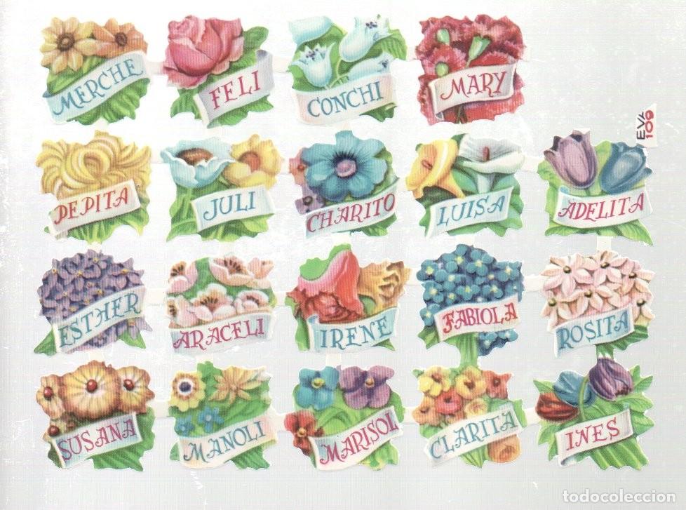Coleccionismo cromos troquelados antiguos: CROMOS TROQUELADOS ORIGINALES, - LAMINA EVA 109 - CON BRILLO Y RELIEVE. FLORES Y NOMBRES DE MUJER.
