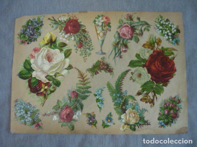 Collectable Antique Stamped Cards: FLORES COMPOSICION CROMOS TROQUELADOS SIGLO XIX SOBRE CARTULINA 43 X 31 CM
