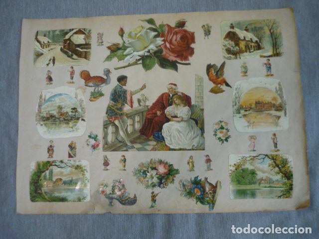 Collectable Antique Stamped Cards: FLORES Y PAISAJES COMPOSICION CROMOS TROQUELADOS SIGLO XIX SOBRE CARTULINA 43 X 31 CM