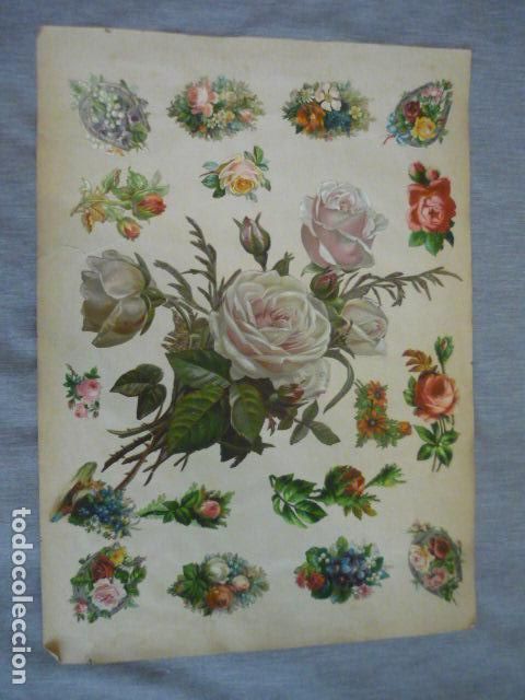 Collectable Antique Stamped Cards: FLORES COMPOSICION CROMOS TROQUELADOS SIGLO XIX SOBRE CARTULINA 43 X 31 CM