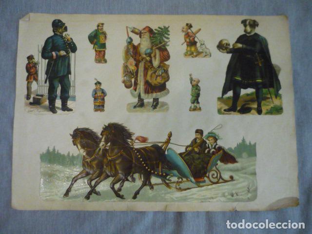 Collectable Antique Stamped Cards: PAREJA EN TRINEO PAPA NOEL PERRO COMPOSICION CROMOS TROQUELADOS SIGLO XIX SOBRE CARTULINA 43 X 31 CM