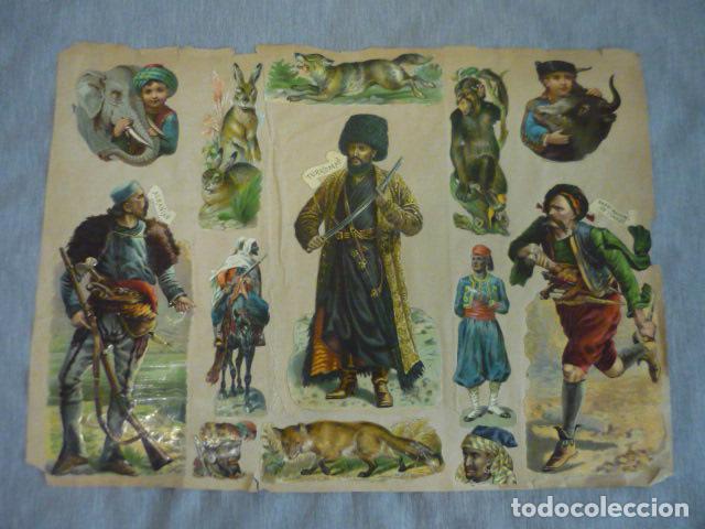 Collectable Antique Stamped Cards: TIPOS ALBANIA TURQUIA Y ANIMALES COMPOSICION CROMOS TROQUELADOS SIGLO XIX SOBRE CARTULINA 43 X 31 CM