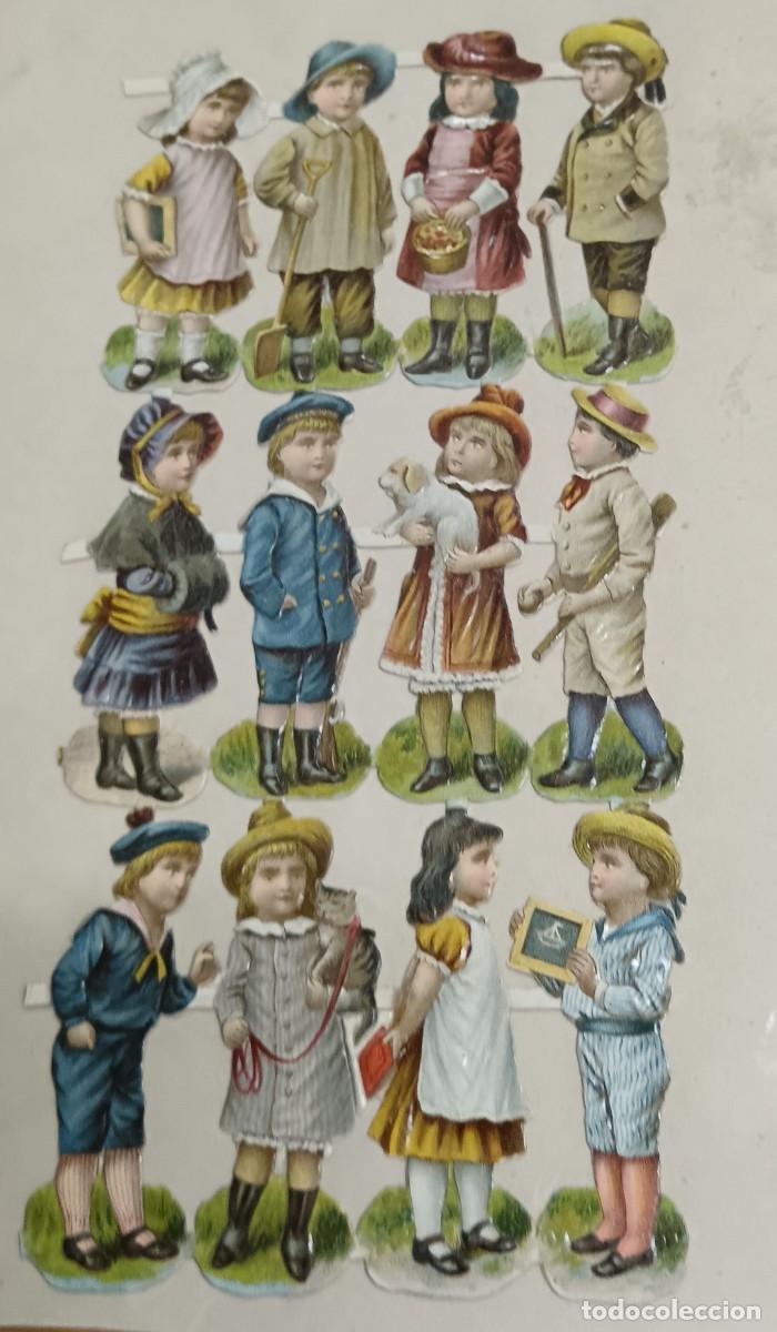 Coleccionismo cromos troquelados antiguos: L&Aacute;MINA ANTIGUA CROMOS TROQUELADOS NI&Ntilde;OS CON BRILLO Y RELIEVE 16,5X8 CM.