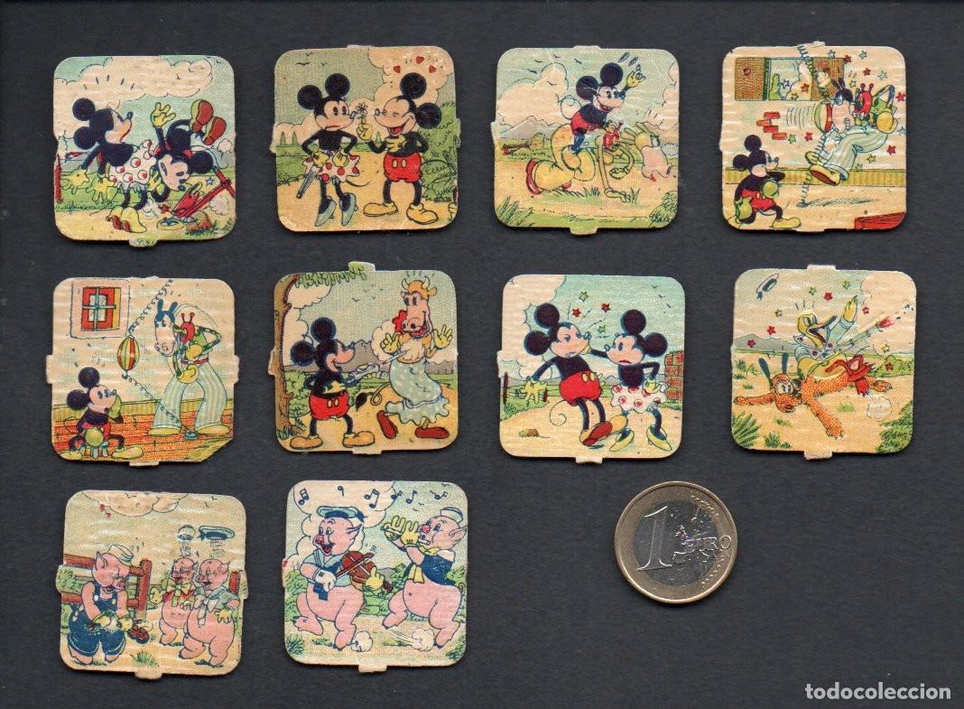 Coleccionismo cromos troquelados antiguos: LOTE DE 10 CROMOS TROQUELADOS A&Ntilde;OS 40 FHER DISNEY, MICKEY MOUSE-TRES CERDITOS. CON BRILLO Y RELIEVE.