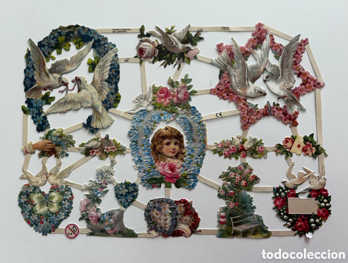 Coleccionismo cromos troquelados antiguos: L&aacute;mina CROMOS TROQUELADOS alemanes EF 7233 dibujos flores palomas NUEVA colecci&oacute;n picar juego ni&ntilde;os