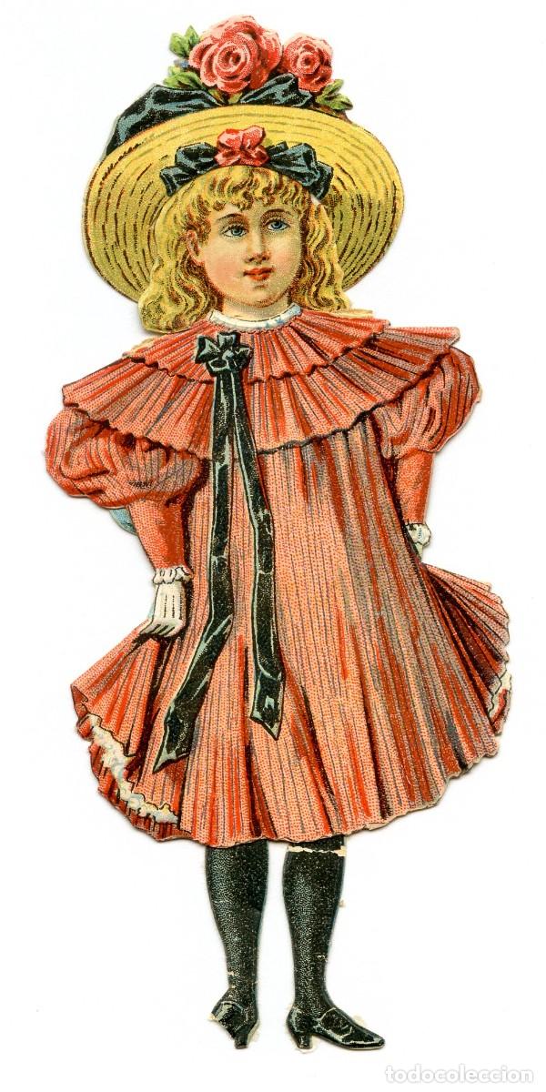 Coleccionismo cromos troquelados antiguos: Cromo troquelado ni&ntilde;a con vestido rosa y sombrero con flores. Chocolates Jaime Boix, BCN