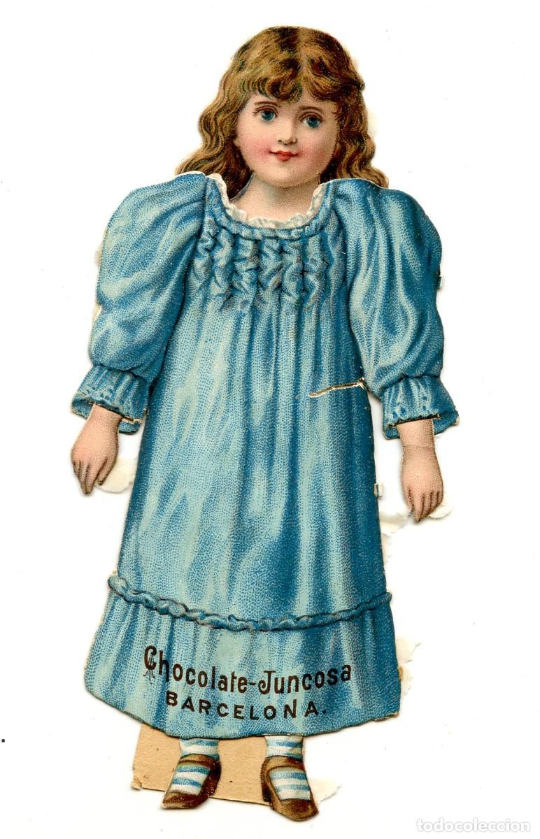 Coleccionismo cromos troquelados antiguos: Cromo troquelado ni&ntilde;a con vestido azul. Chocolate Juncosa, BCN. Principios s. XX