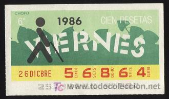 Cupones ONCE: 1 cup&oacute;n once- 26 diciembre de 1986 (de los viernes)