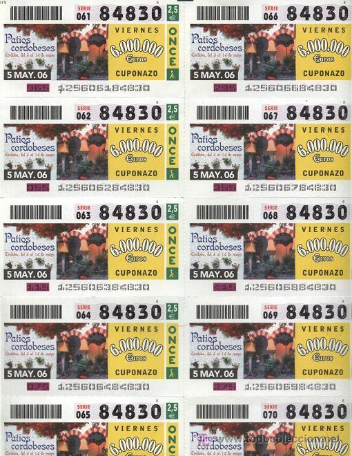 Cupones ONCE: cupones ONCE- tira de 10 cupones, viernes 05-05-06 (patios cordobeses)